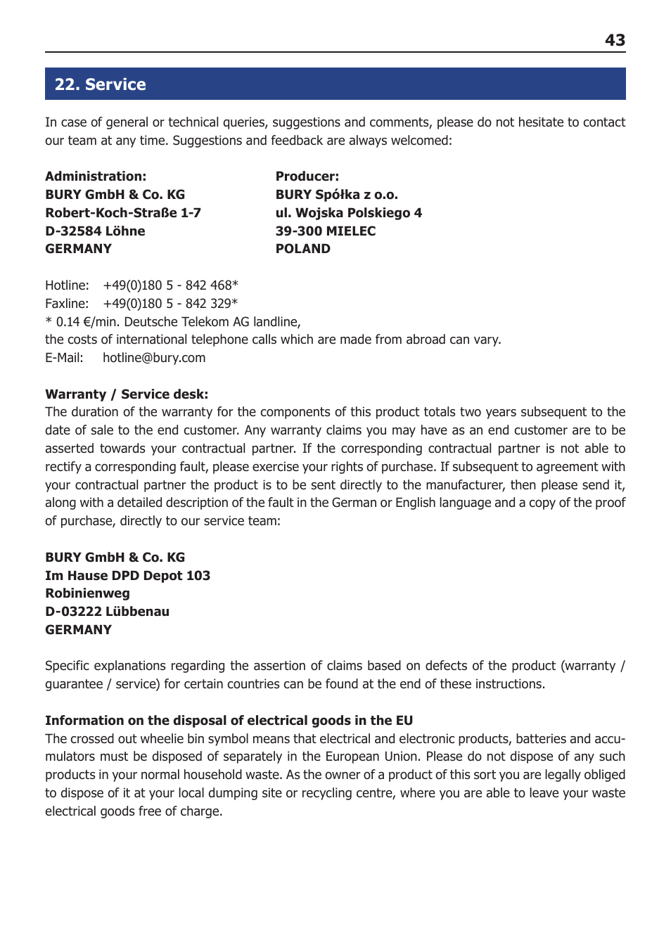 43 22. service | BURY CC 9068 APP USER Manual User Manual | Page 43 / 44