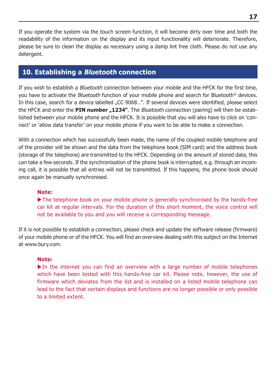 Bluetooth, Establishing a, Connection | BURY CC 9068 USER Manual User Manual | Page 17 / 37