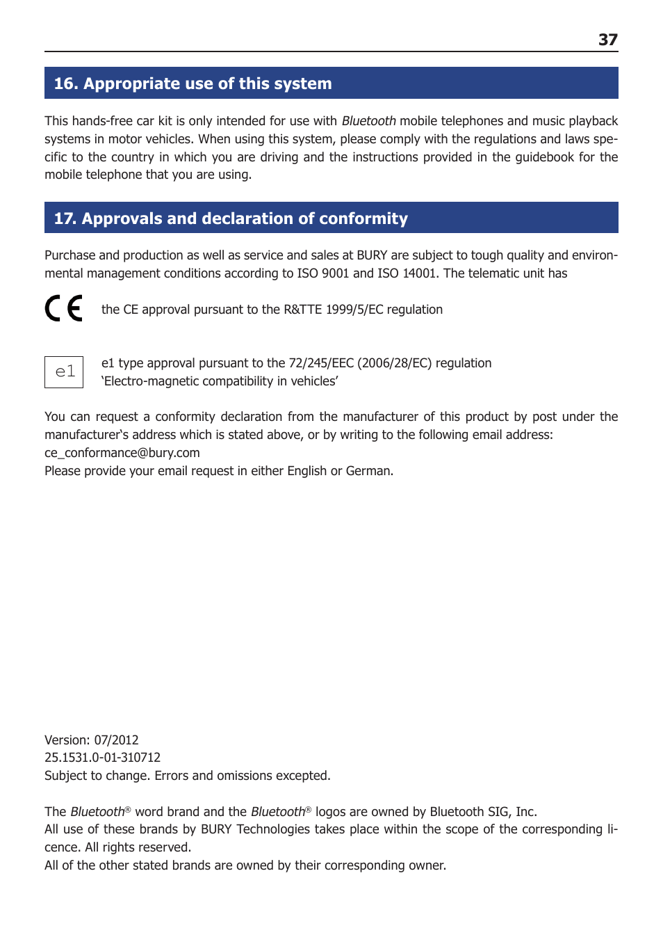 37 16. appropriate use of this system, Approvals and declaration of conformity | BURY CC 9068 USER Manual User Manual | Page 37 / 37
