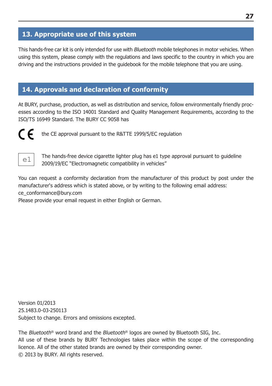 27 13. appropriate use of this system, Approvals and declaration of conformity | BURY CC 9058 USER Manual User Manual | Page 27 / 28