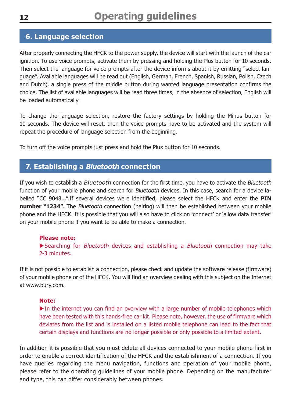 Operating guidelines, Bluetooth | BURY CC 9048 USER Manual User Manual | Page 13 / 21