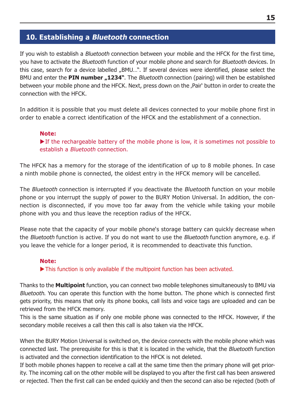 Bluetooth, 15 10. establishing a, Connection | BURY Motion Universal User Manual | Page 15 / 19