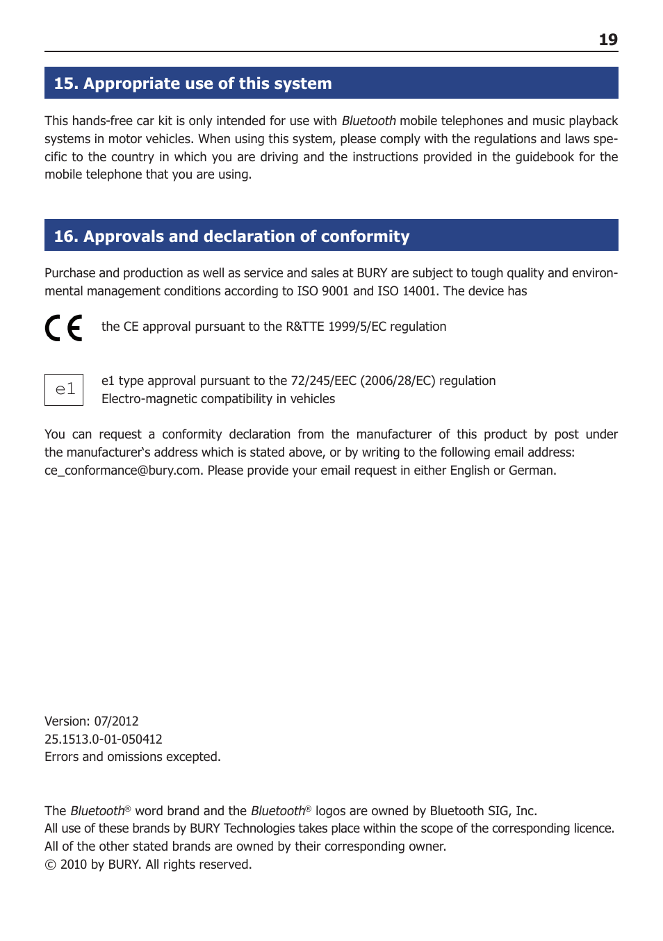 19 15. appropriate use of this system, Approvals and declaration of conformity | BURY Motion Universal User Manual | Page 19 / 19