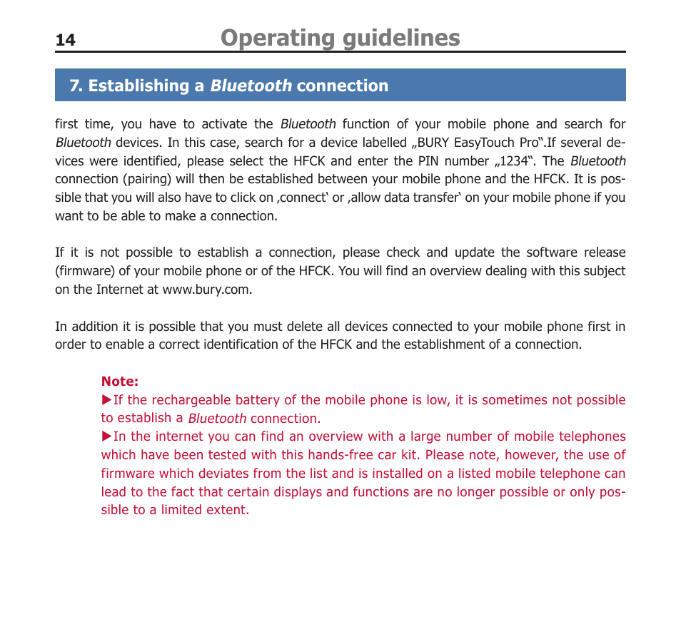 Operating guidelines, Bluetooth | BURY EasyTouch Pro User Manual | Page 14 / 35