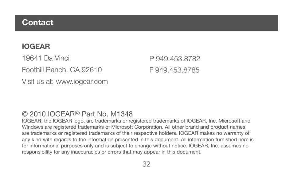 Contact | IOGear GBHFK331 User Manual | Page 32 / 36