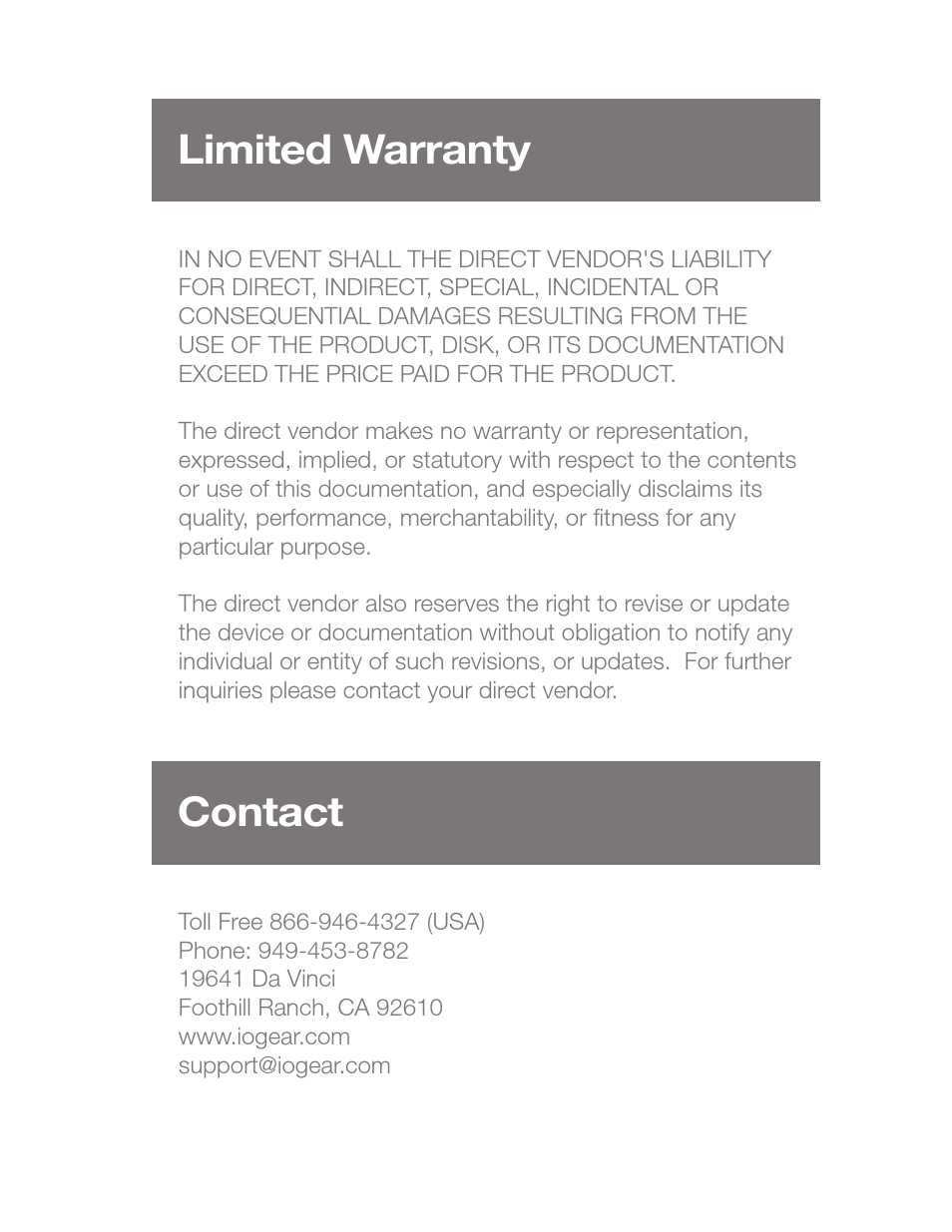 Limited warranty contact | IOGear GBS301 Quick Start User Manual | Page 15 / 16