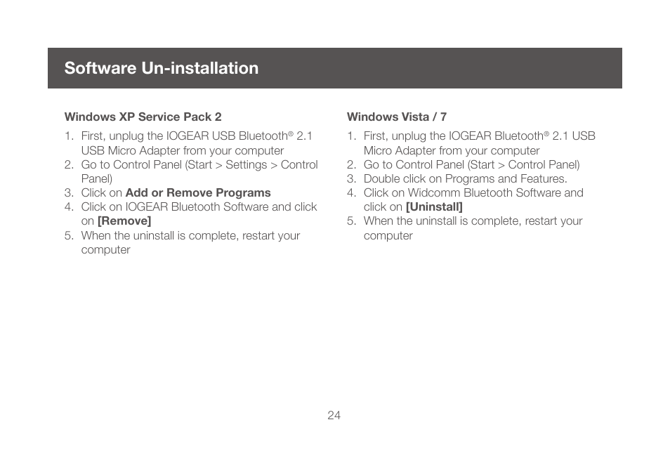 Software un-installation | IOGear GBU421WM User Manual | Page 24 / 74