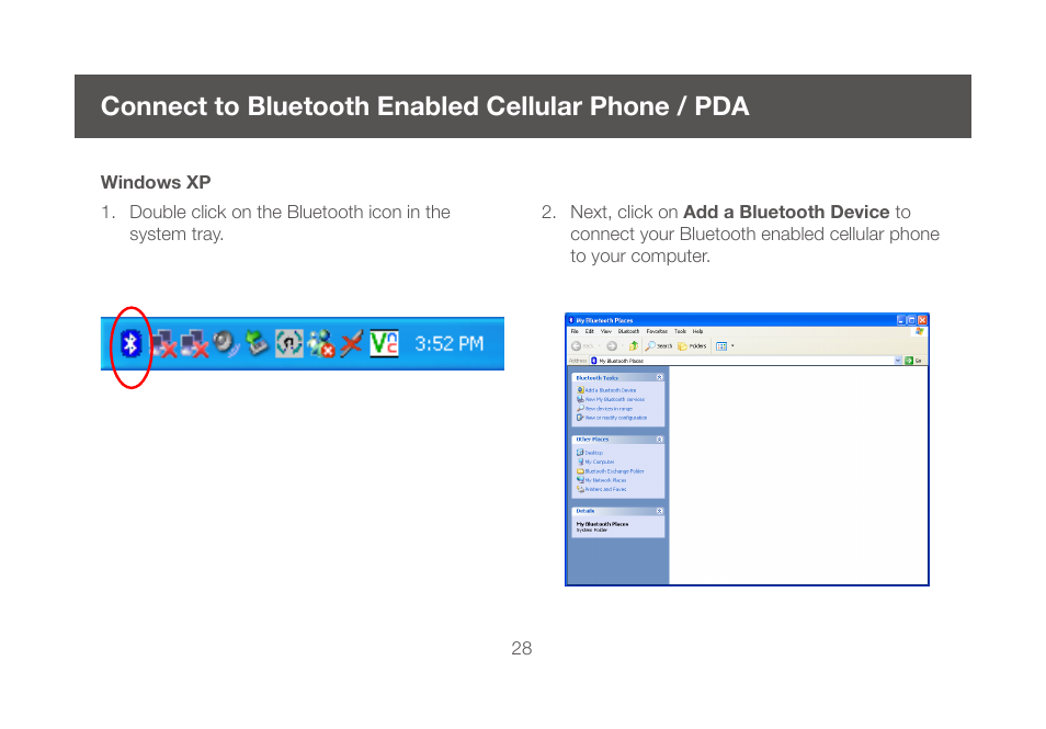 Connect to bluetooth enabled cellular phone / pda, Windows xp | IOGear GBU421WM User Manual | Page 28 / 74