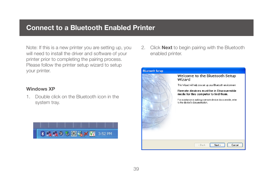 Connect to a bluetooth enabled printer, Windows xp | IOGear GBU421WM User Manual | Page 39 / 74