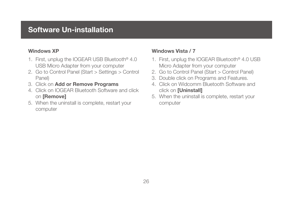 Software un-installation | IOGear GBU521W6 Manual User Manual | Page 26 / 68