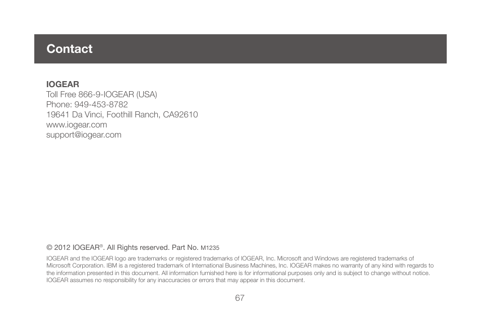 Contact | IOGear GBU521W6 Manual User Manual | Page 67 / 68