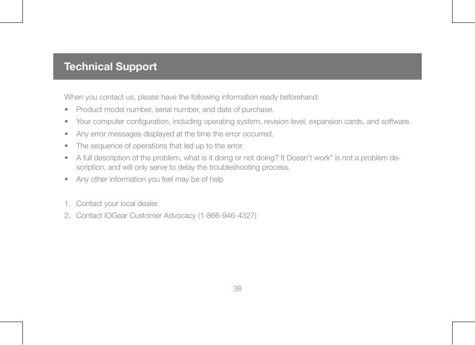Technical support | IOGear GCE250 User Manual | Page 38 / 44