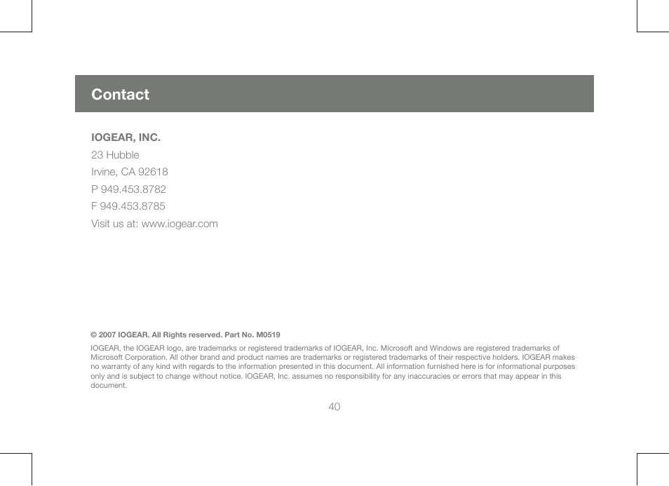 Contact | IOGear GCE250 User Manual | Page 40 / 44