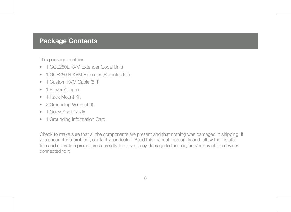 Package contents | IOGear GCE250 User Manual | Page 5 / 44