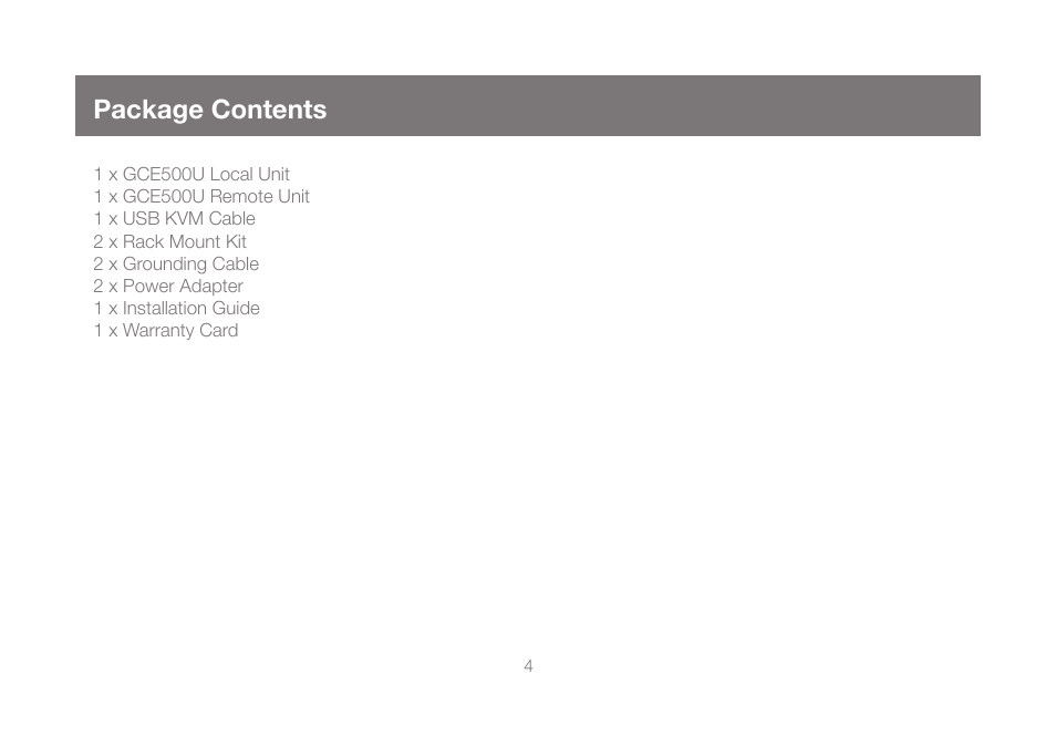 Package contents | IOGear GCE500U User Manual | Page 4 / 28