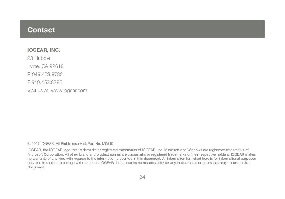 Contact | IOGear GCE800W6 User Manual | Page 64 / 66