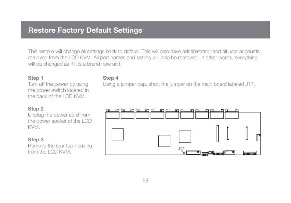 Restore factory default settings | IOGear GCL1816KITU User Manual | Page 68 / 80