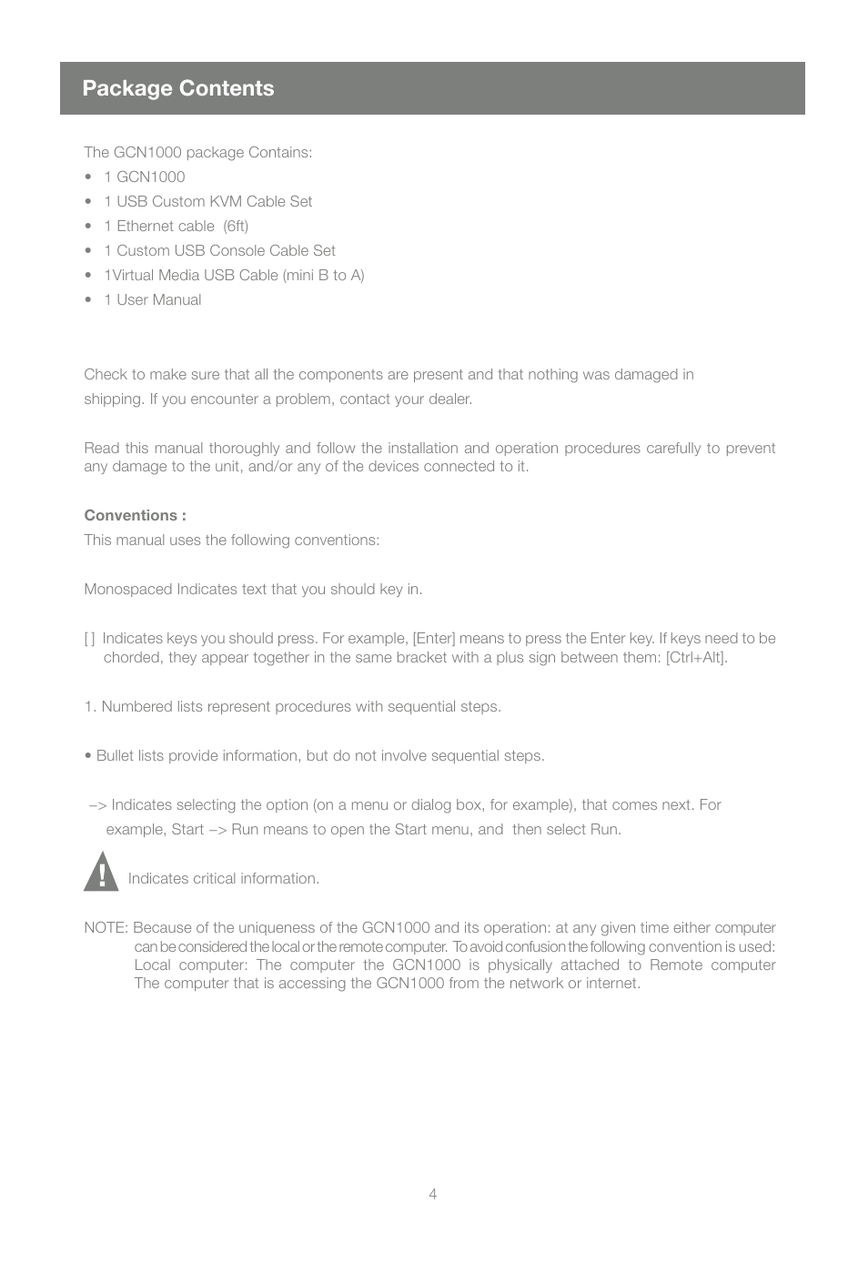 Caution, Package contents | IOGear GCN1000 User Manual | Page 4 / 48
