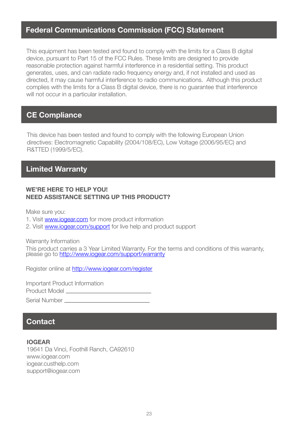 Federal communications commission (fcc) statement, Ce compliance, Limited warranty | Contact, Ce compliance limited warranty | IOGear GCS1004 User Manual | Page 23 / 24