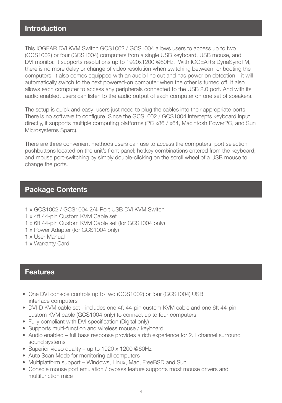 Introduction, Package contents, Features | Introduction package contents | IOGear GCS1004 User Manual | Page 4 / 24