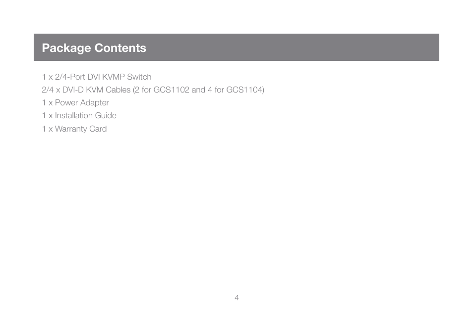 Package contents | IOGear GCS1104-KM1 Manual User Manual | Page 4 / 38