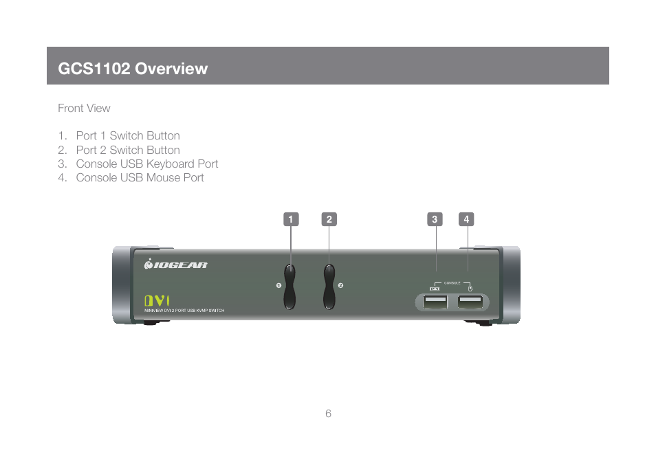 Gcs1102 overview | IOGear GCS1104-KM1 Manual User Manual | Page 6 / 38