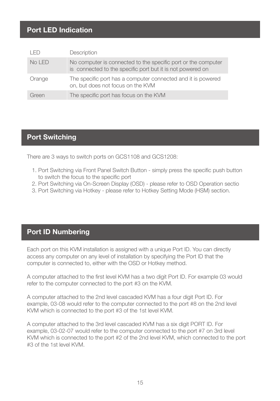 Port led indication, Port switching, Port id numbering | Port switching port id numbering | IOGear GCS1208 User Manual | Page 15 / 48