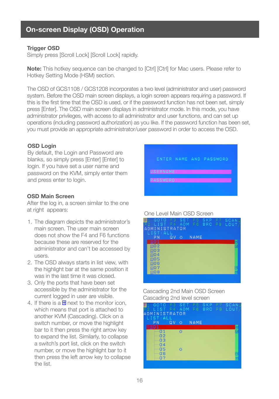 On-screen display (osd) operation | IOGear GCS1208 User Manual | Page 16 / 48