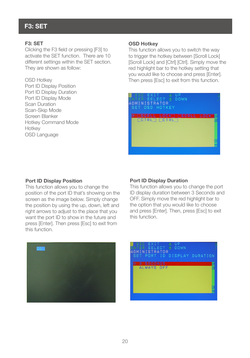 F3: set | IOGear GCS1208 User Manual | Page 20 / 48