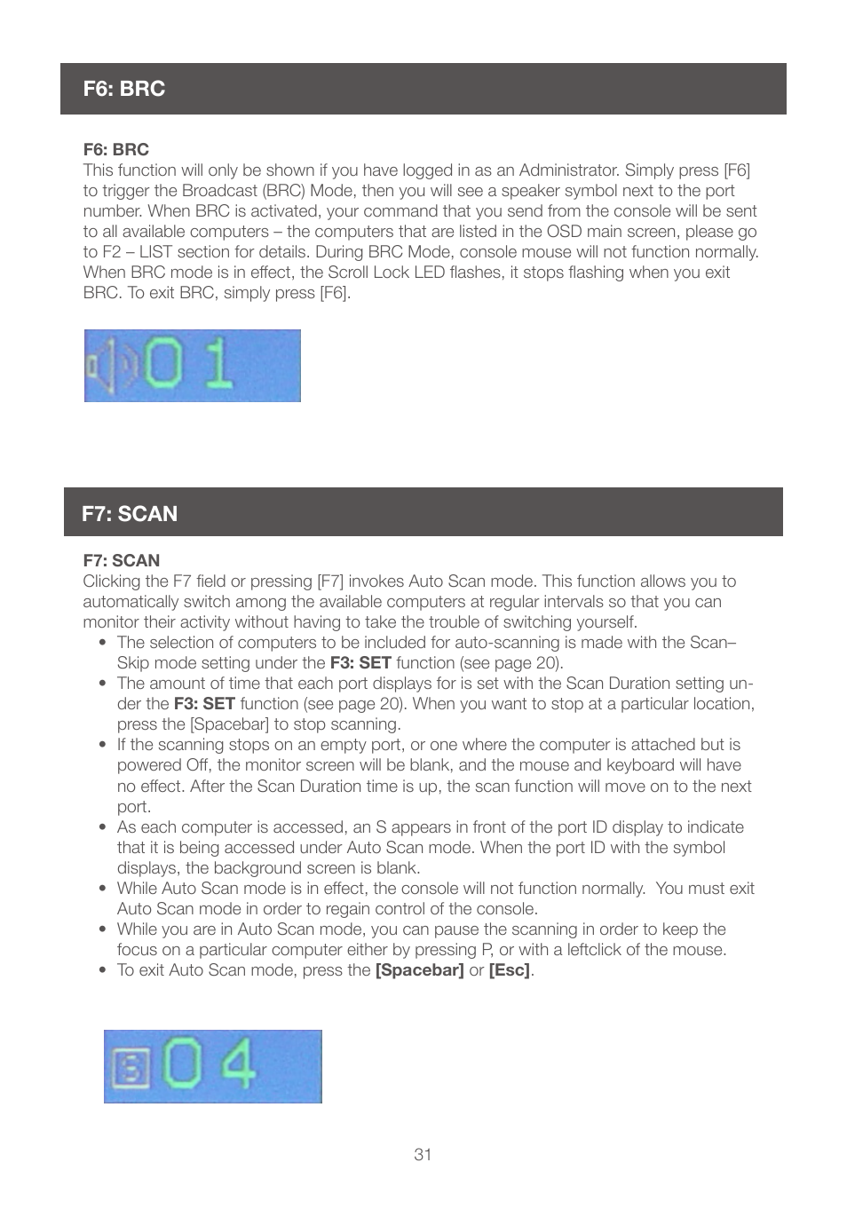 F6: brc f7: scan | IOGear GCS1208 User Manual | Page 31 / 48