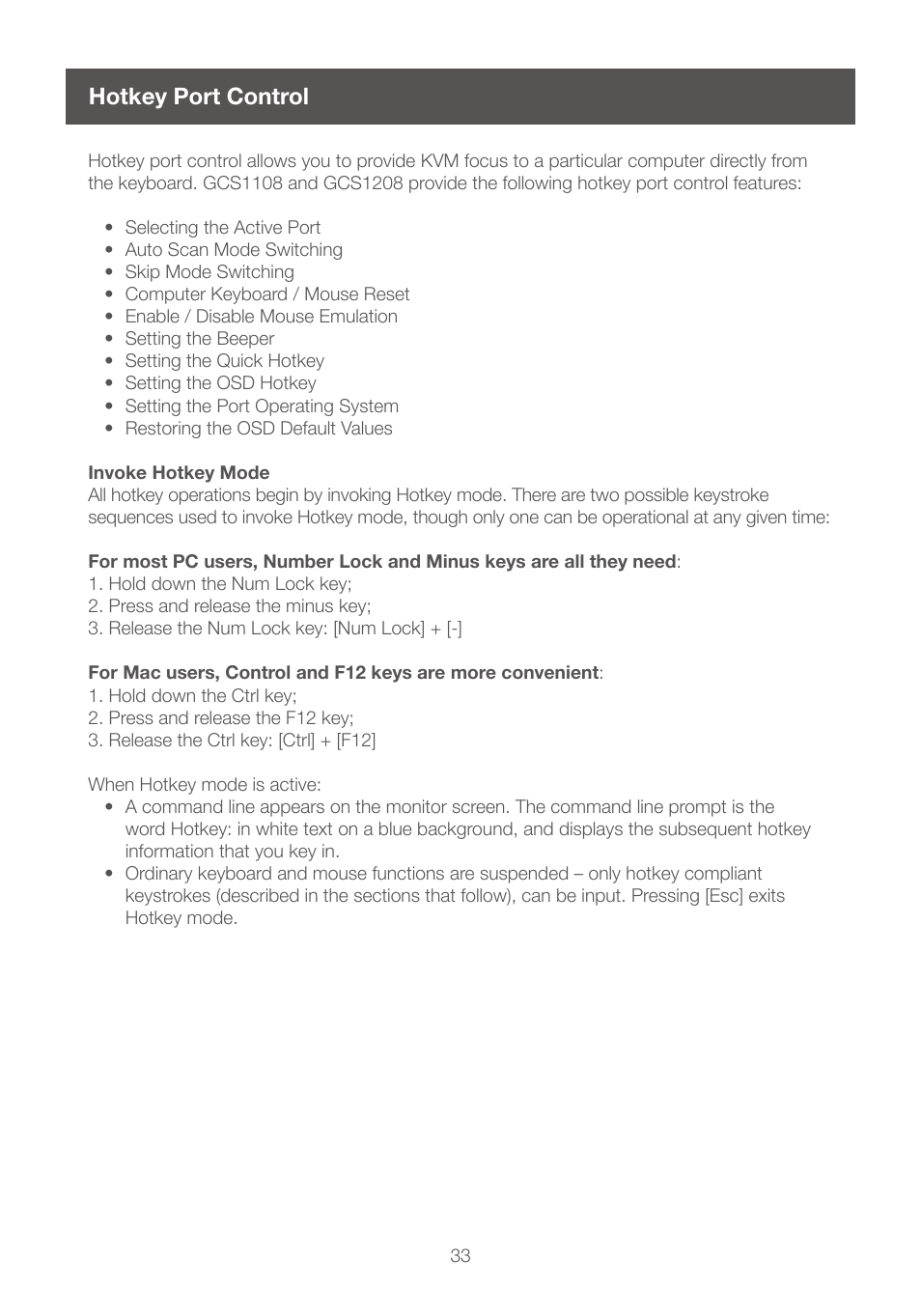 Hotkey port control | IOGear GCS1208 User Manual | Page 33 / 48