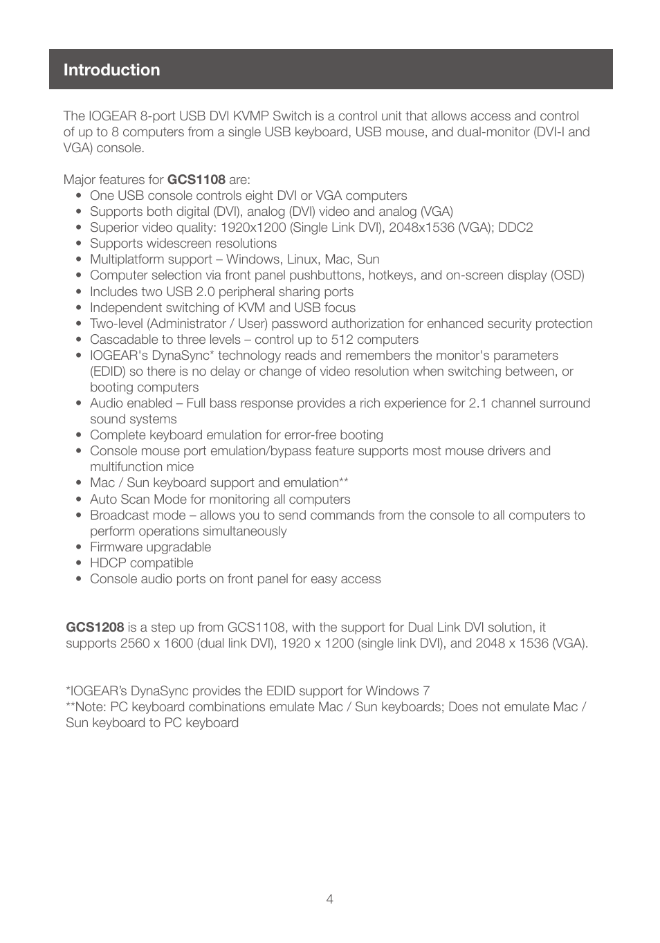 Introduction, Introduction 4 | IOGear GCS1208 User Manual | Page 4 / 48