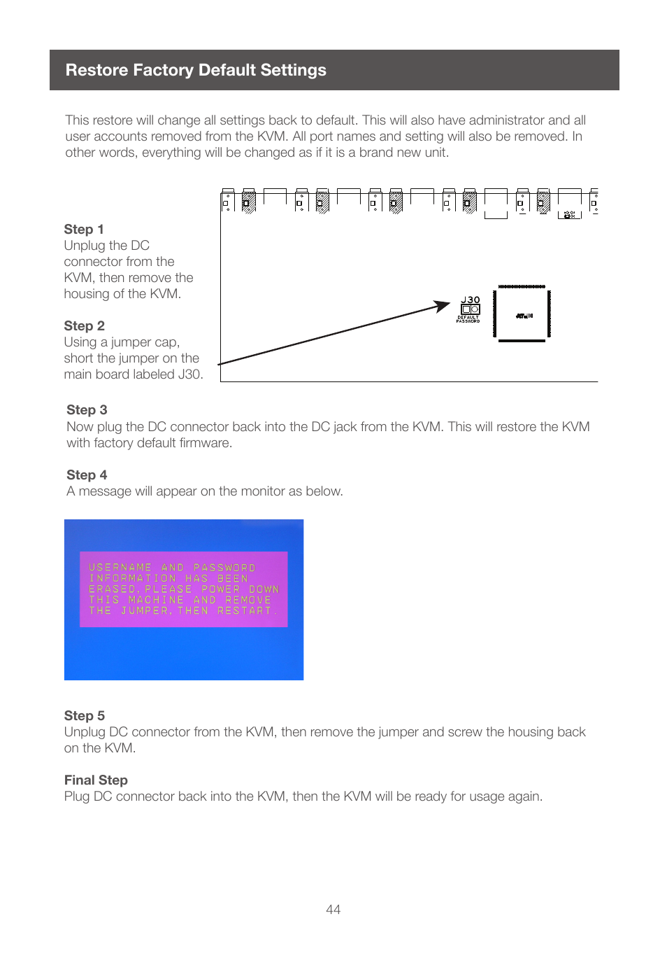 Restore factory default settings | IOGear GCS1208 User Manual | Page 44 / 48