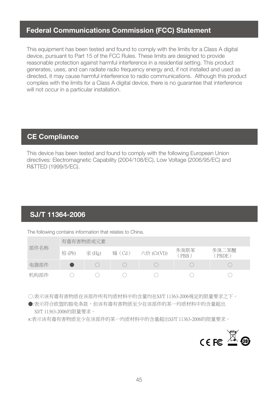 Federal communications commission (fcc) statement, Ce compliance, Sj/t 11364-2006 | IOGear GCS1208 User Manual | Page 45 / 48