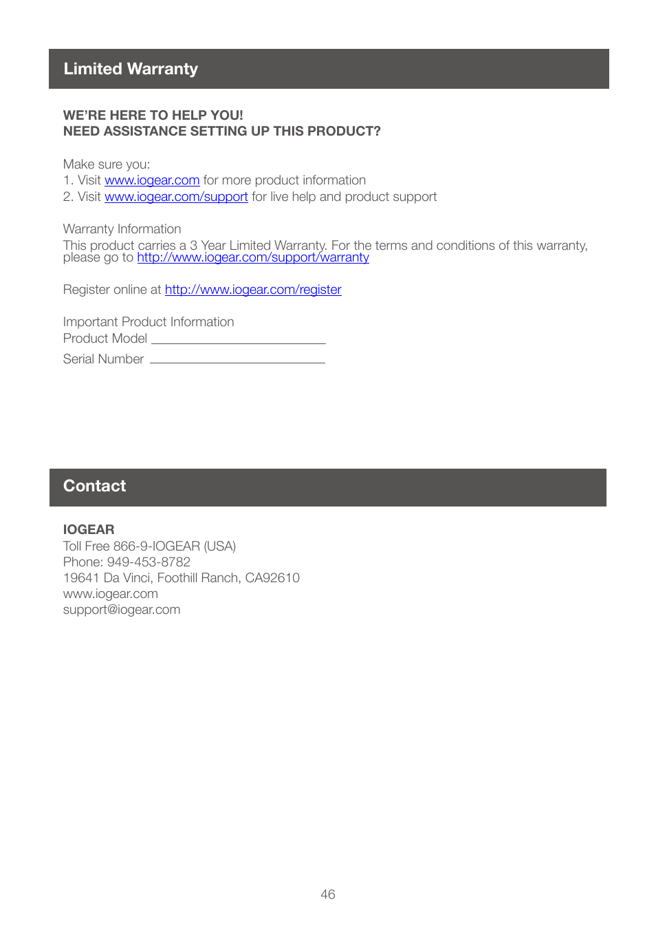 Limited warranty, Contact, Contact 46 | IOGear GCS1208 User Manual | Page 46 / 48