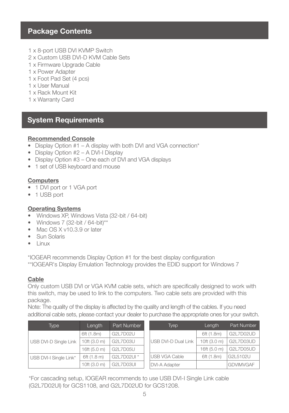 Package contents, System requirements | IOGear GCS1208 User Manual | Page 5 / 48