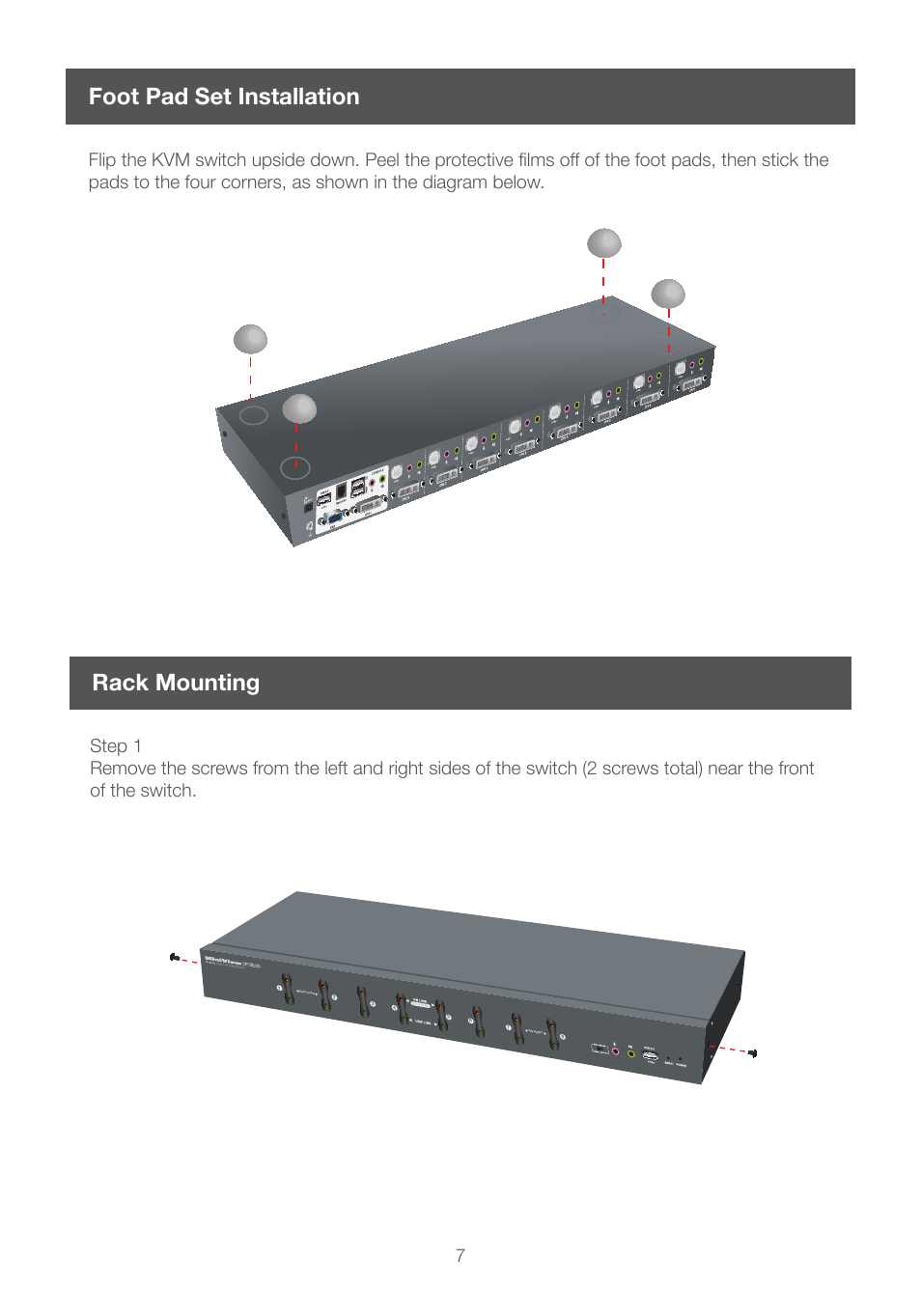 Foot pad set installation, Rack mounting | IOGear GCS1208 User Manual | Page 7 / 48