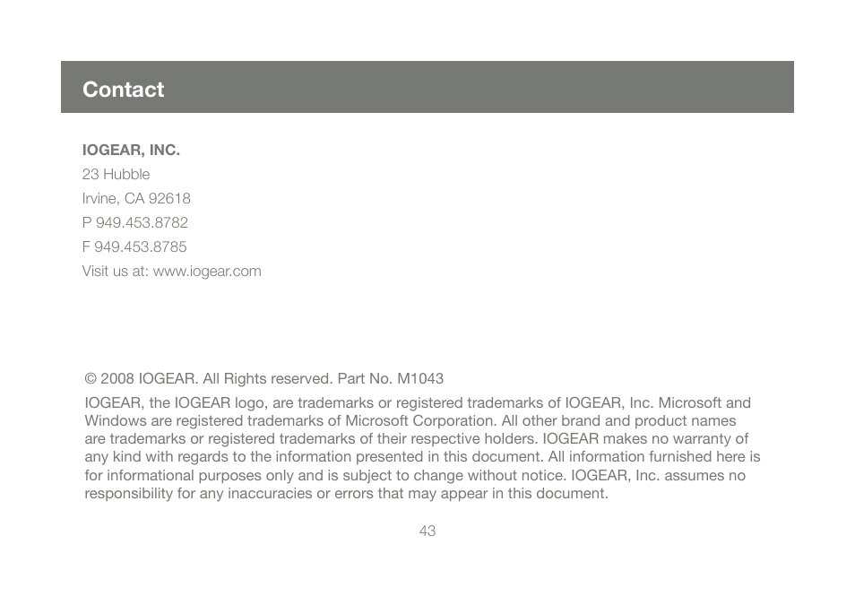 Contact | IOGear GCS1204 User Manual | Page 43 / 46