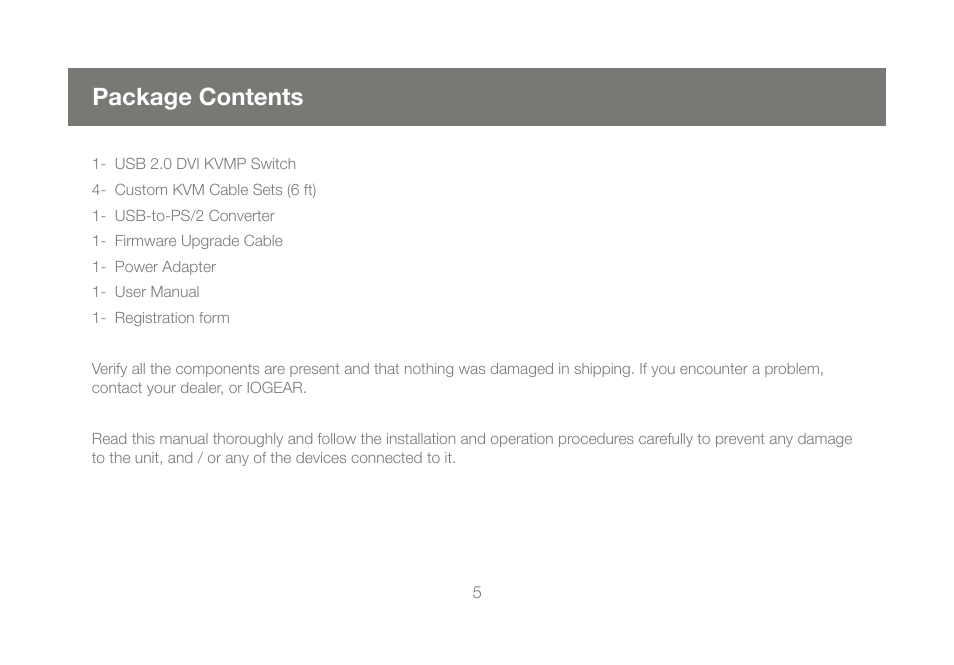 Package contents | IOGear GCS1204 User Manual | Page 5 / 46