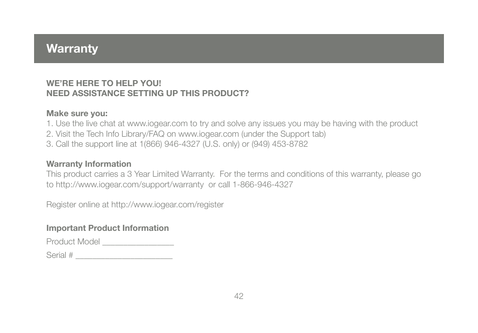 Warranty | IOGear GCS1204G User Manual | Page 42 / 44