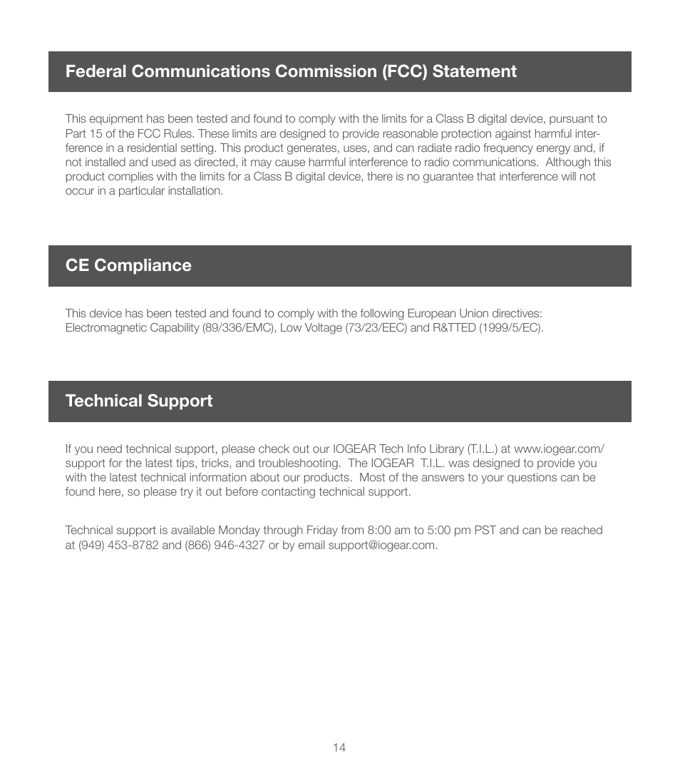 Federal communications commission (fcc) statement, Ce compliance, Technical support | Ce compliance technical support | IOGear GCS1214TAA User Manual | Page 14 / 16