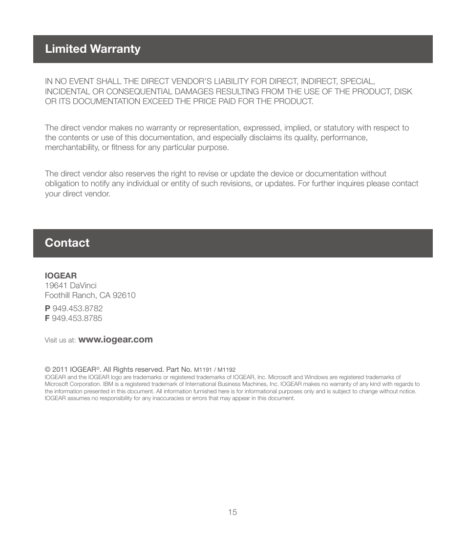 Limited warranty, Contact | IOGear GCS1214TAA User Manual | Page 15 / 16