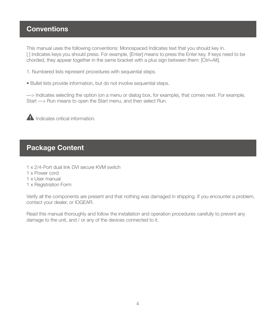 Conventions, Package content | IOGear GCS1214TAA User Manual | Page 4 / 16