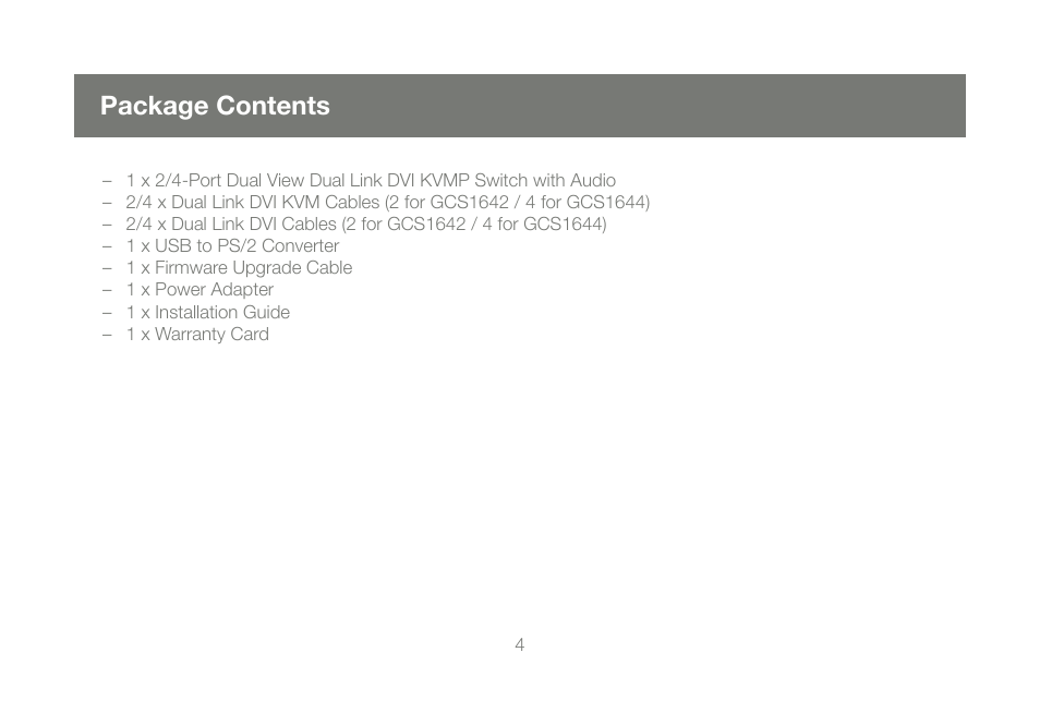 Package contents | IOGear GCS1644 v1 User Manual | Page 4 / 40