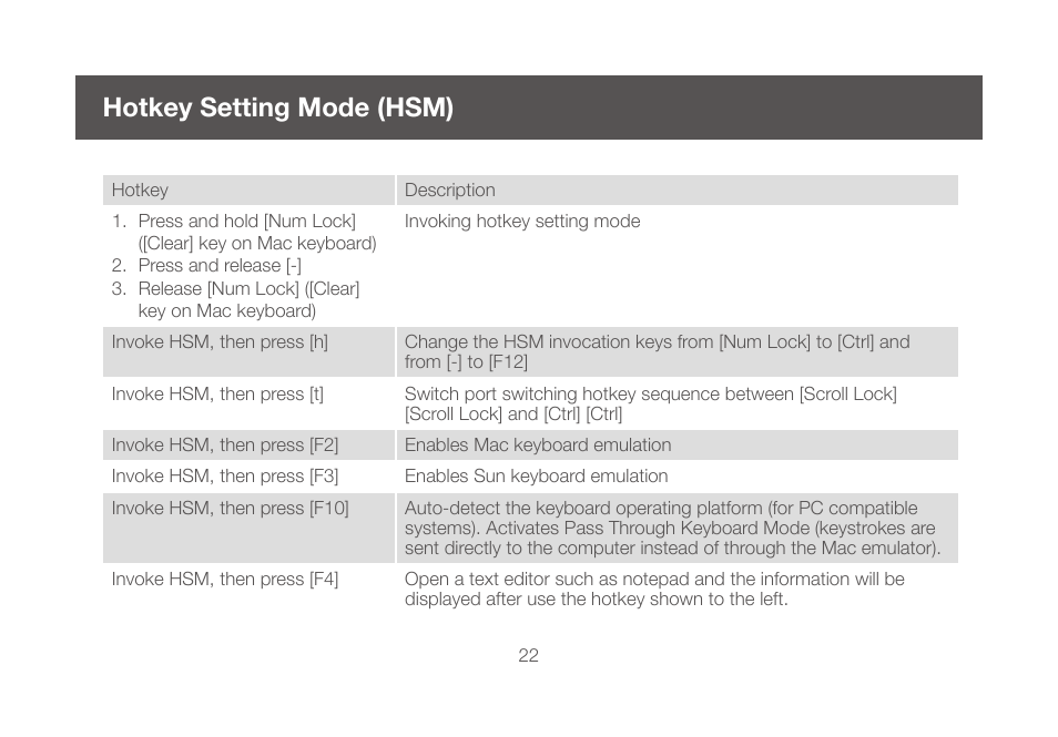 Hotkey setting mode (hsm) | IOGear GCS1644 v2 User Manual | Page 22 / 38