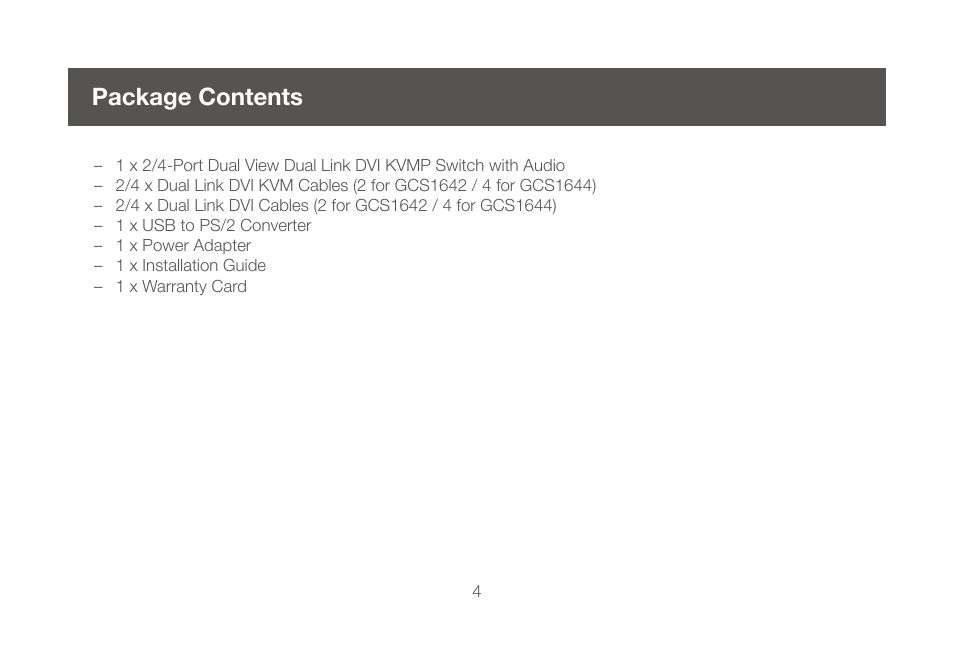 Package contents | IOGear GCS1644 v2 User Manual | Page 4 / 38