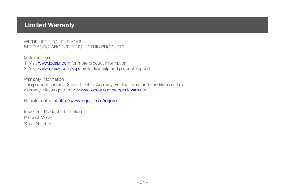 Limited warranty | IOGear GCS1724 User Manual | Page 34 / 36