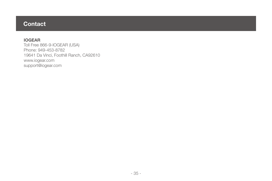 Contact, Contact 35 | IOGear GCS1724 User Manual | Page 35 / 36