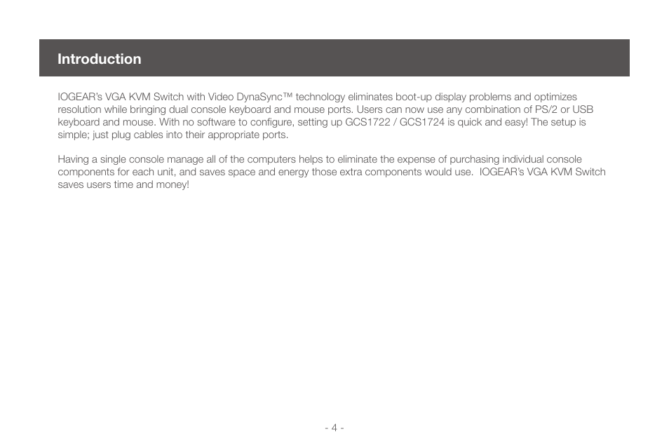 Introduction, Introduction 4 | IOGear GCS1724 User Manual | Page 4 / 36