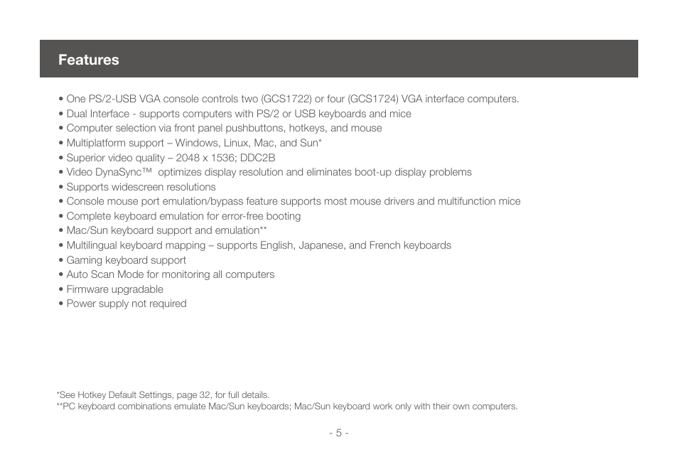 Features, Features 5 | IOGear GCS1724 User Manual | Page 5 / 36